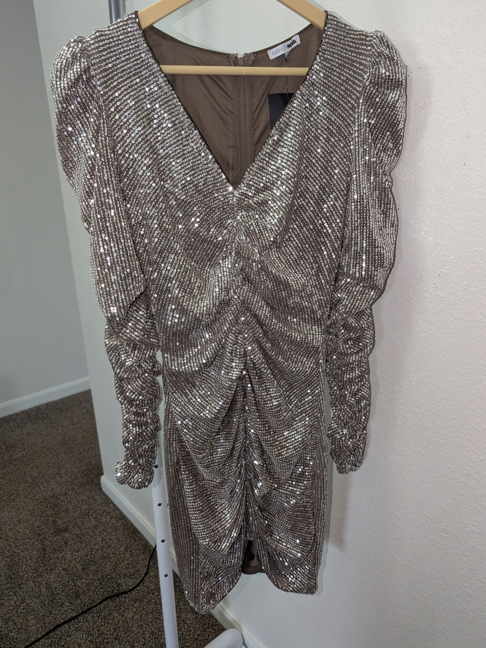 Shimmering Taupe Sequin Ruched V-Neck Mini Dress
